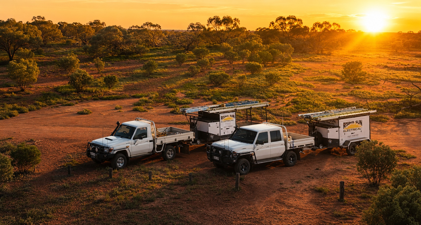 Rising Sun Electrical fleet of utes and trailers on a remote job in the Western Queensland outback