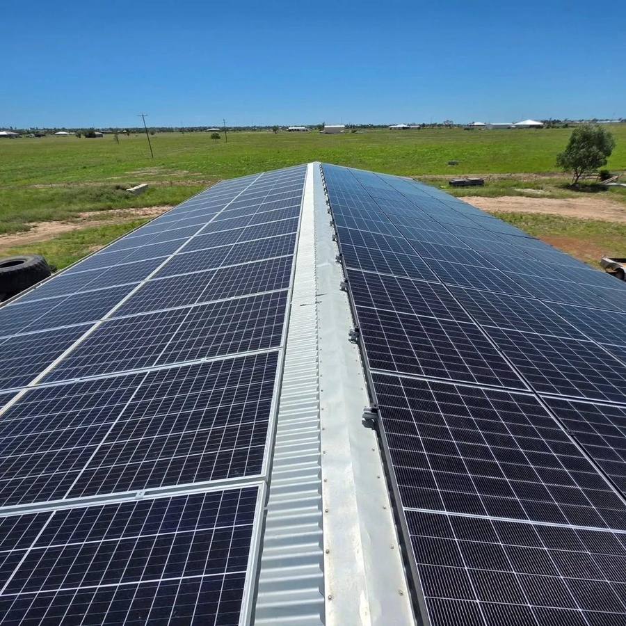 Gable array, both faces — Rural solar · dual-pitch shed — Rising Sun Electrical